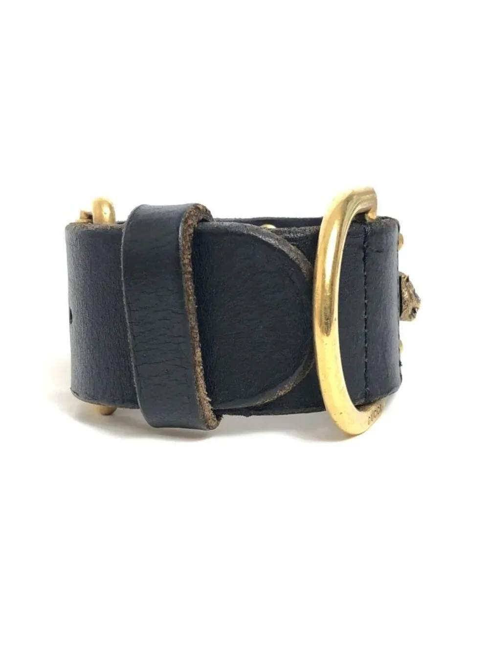 Gucci Leather Bracelet Cat Head Black Gold Hardware